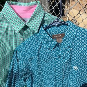 2 boys sz 14 button down shirts - drk teal Ariat & 1 pastel plaid